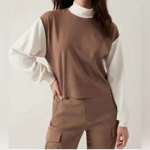 Athleta Venice Colorblock Mock Neck Pullover Top in Brown & Ivory Size S